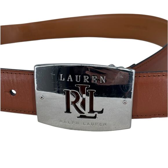 Ralph Lauren Silver Logo Buckle Leather Belt Small Womens Brown - Picture 3 of 7